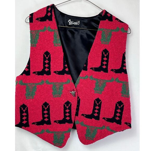 Vintage Felizzi Women's Size Small Red Sleeveless Western Boot Print Vest - Picture 1 of 7